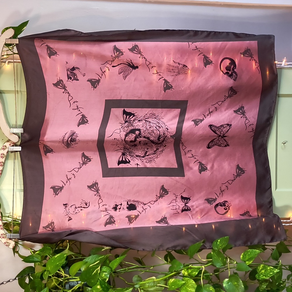 Women's Life & Death Pink Brown Skull Butterfly Silk Scarf